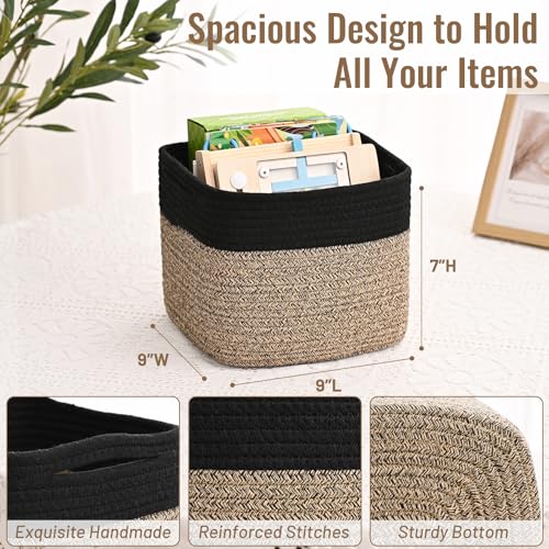 3 Pack Cube Storage Bin, 9”x9”x7” Cotton Rope Woven Baskets for Organizing Toys Clothes Towels, Square Gift Storage Baskets for Shelves, Nursery, Closet, Bathroom, Pantry (Black & Brown) - color: Black & Brown, size: 9" x 9" x 7"