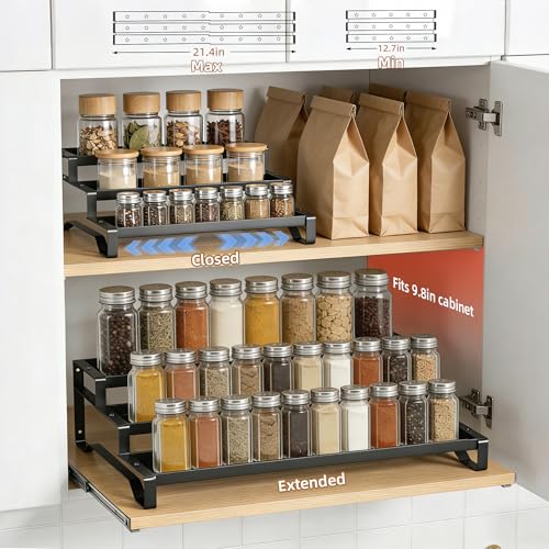 SANKEU Expandable Spice Rack Organizer for Cabinet 3 Tiered Metal Seasoning Organization with Guardrails Spice Shelf Storage for Jars Adjustable Length 13"-21" Black 2Pack - color: Black, size: 2 Pack