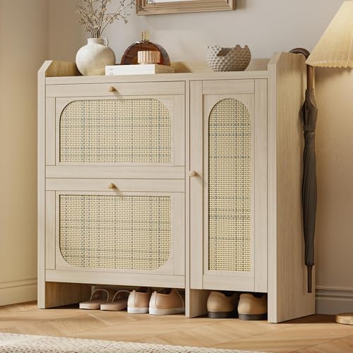 Mericonia Shoe Cabinet Storage for Entryway with 2 Flip Drawers(3-Tier), Rattan Freestanding with Door & 3 Adjustable Shelve,Hidden Shoe Rack Organizer for Hallway, Foyer - color: Oak, size: Flip Drawers 2 & Door 1