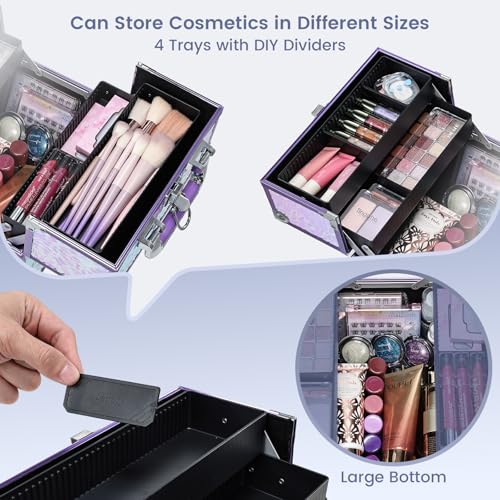 FRENESSA Makeup Case Organizer Makeup Box Cosmetic Train Case Portable Make Up Artist Travel Case Storage Box 4 Trays with Dividers Lockable Hard Train Case Nail Tech Supply Storage Shiny Purple - color: Shiny Purple