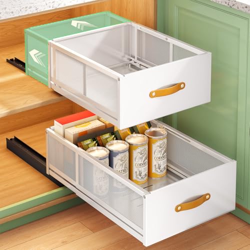 Pull out Cabinet Organizer, Expandable Depth(15.7"-21.7") with Raising Pad for Framed Cabinets, Heavy Duty Slide out Drawers, Adhesive Roll Out Shelves for Kitchen, Pantry Storage(White, 1-Pack) - color: White, size: 1-Pack