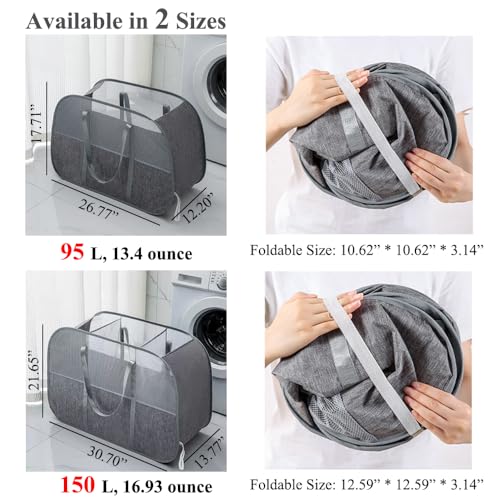 150L Collapsible Laundry Basket, 3-Compartment Foldable Hamper with Handles, Durable & Lightweight Clothes Organizer for Laundry Room, Dorm, Travel - Grey