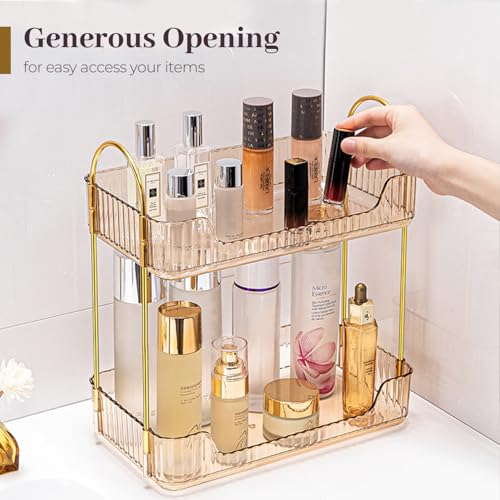 Aveniee Bathroom Counter Organizer, 2 Tier Perfume Skin Care Countertop Storage Shelf, Vanity Makeup Tray for Cosmetic Skincare Lotion, Gold - color: Amber Gold, size: 2 Tier