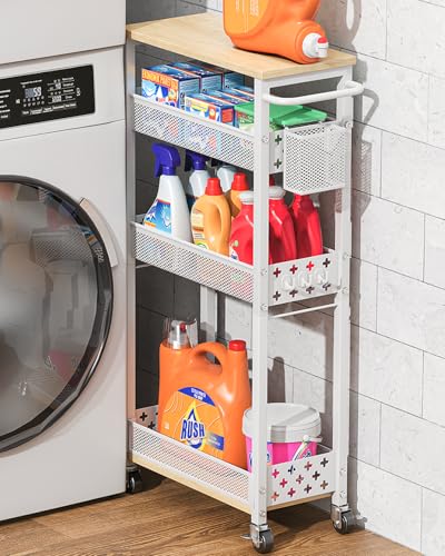 Slim Storage Cart 4 Tier Laundry Cart with Wheels, Narrow Metal Kitchen Rolling Carts Bathroom Organizers Storage Shelf with Wood Rack and Handle for Small Space - color: White