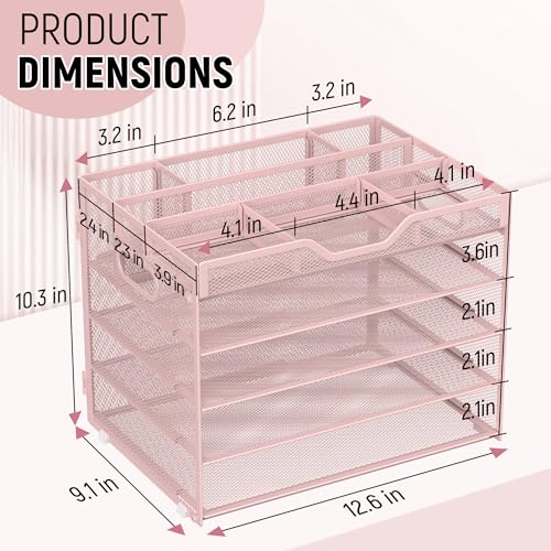 Docnest 5 Tier Mesh Desk Organizer- Letter Tray with Adjustable Compartments, Mesh Desktop Storage Built in Pen Holder and Handles, Desk Organizer Tray for Mail Documents Office Supplies–Pink - color: Pink