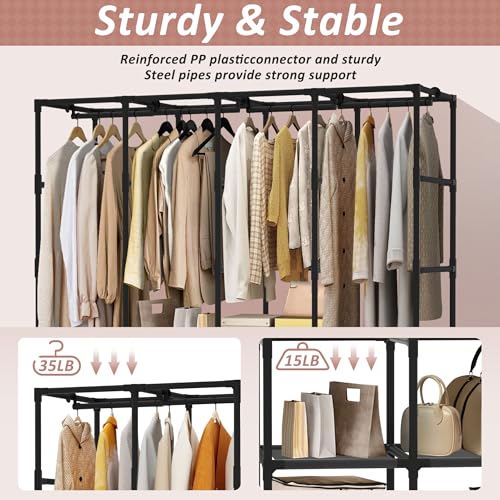 Wardrobe Closet, Quick and Easy Assembly, Gray Large Capacity Portable Closet with 4 Hanging Rods 8 Storage Shelves and 8 Side Pockets, Clothes Rack with Cover, for Bedroom and Living Room - color: Grey, size: 66 Inch