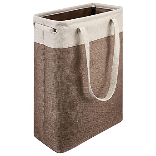 i BKGOO Laundry Basket with Handles Beige&Brown Slim Laundry Bin Collapsible Dirty Clothes Basket Narrow Laundry Bag Foldable Dirty Hamper for Camping, Dorms, Apartments - color: Beig&Brown