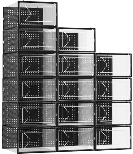 Foluck Shoe Storage Box, 15 Pack Clear Plastic Stackable Shoe Organizer for Closet, Interlocking Design for Sneakers, Foldable Shoes Container Rack with Lids, Black - color: Black
