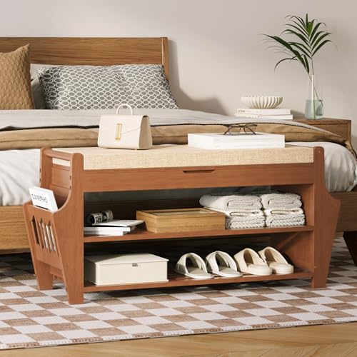 oakvivo 34.3in Shoe Bench, Bamboo 3-Tier Entryway Bench with Storage, Shoe Rack Organizer Holds Up to 330 lb, 34.3 x 11.8 x 18.9 Inches for Entryway Bedroom Closet Living Room Hallway - size: 34.3 inch