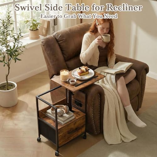 Faesun Swivel Lift Top Nightstand, Rolling Side Table for Recliner, Bedside Table with Wheels & a Fabric Drawer, for Small Spaces, for Bedroom, Living Room, Brown - color: Brown, size: 1 Drawer (No Charger)
