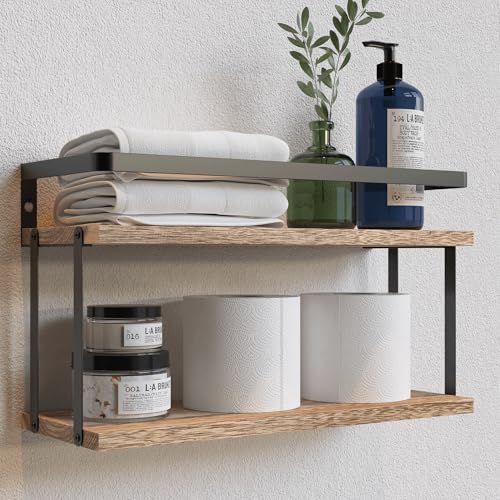 RICHER HOUSE Dual-Level Guardrail Floating Shelves, Rustic Wood Shelf Wall Mounted, Over Toilet Paper Storage Shelf for Bathroom Wall Decor, Bathroom Organizers and Kitchen Storage - Rustic Wood - color: Rustic Wood, size: 2 in 1