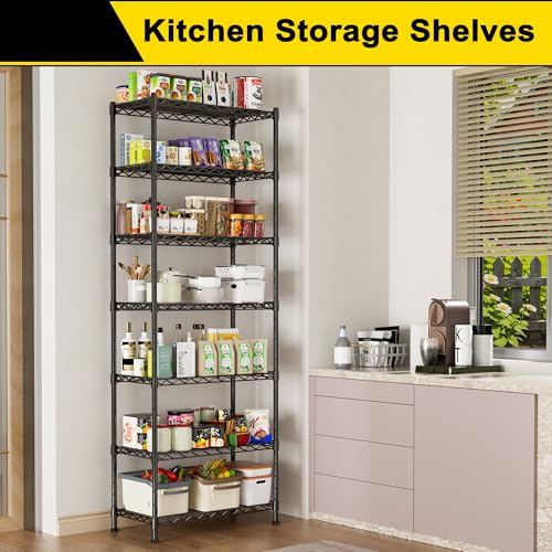 GIOTORENT 7-Wire Garage Shelving Storage Shelves, Kitchen Storage Adjustable Shelf, Metal Shelves 1400Lbs Capacity 24" W x 14" D x 71.6" H for Laundry Bathroom Pantry Closet, Black - color: Black, size: 14.0D x 24.0W x 71.6H (7Tier)