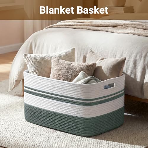 75L Large Blanket Basket, 22"x17"x12"Rectangle Cotton Rope Woven Storage Basket with Handles, Laundry Hamper for Living Room, Nursery, Bedroom - Chemical-Free, Kid & Pet Safe - Sage Green - color: Sage Green/White