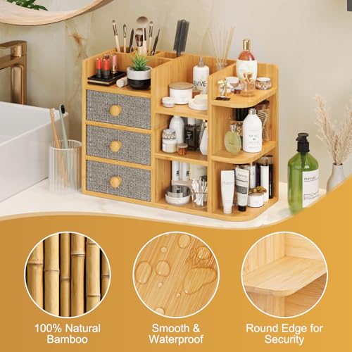 Large Makeup Organizer For Vanity, Large Capacity 3 Tiers Bamboo Bathroom Counter Organizers and Storage, Countertop Makeup Brush Holder, Nail Polish Perfume Stand with 3 Drawers and 10 Compartments - color: Natural Bamboo