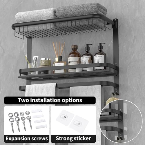 CAXIMSY Foldable 23.22 Inch Rowel Rack Wall Mounted with Bathroom Shower Shelves Stainless Steel Towel Bar Without Drilling and Screw Installation (Black) - color: Black