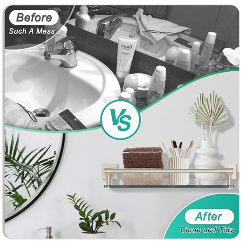 Glass Shelves for Bathroom, 16IN Brushed Nickel Bathroom Shelves for Wall Rectangular Stainless Steel Tempered Glass Modern use for Shelf Sink Over Toilet - color: Brushed Nickel, size: 16'' with Railing