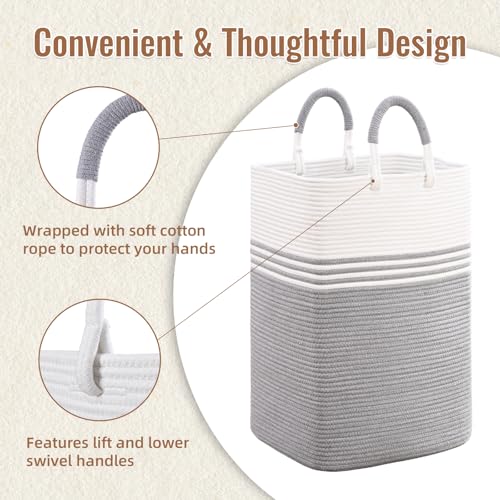 Laundry Basket Hamper,Blanket Storage,Dirty Clothes Hamper with Swivel Handles,Woven Cotton Rope Toy Baskets,Blanket Basket Living Room,Decorative Hampers for Nursery,Bedroom,White & Gray,80L - color: White & Gray, size: 80L