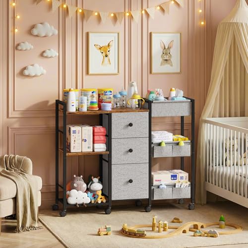 GYIIYUO Diaper Caddy Cart with Storage Fabric Drawers/Open Shelves, Baby Caddy Organizer, 3-Tier Rolling Utility Cart on Wheels for baby nursery essentials,bedside,makeup(Rustic Brown)
