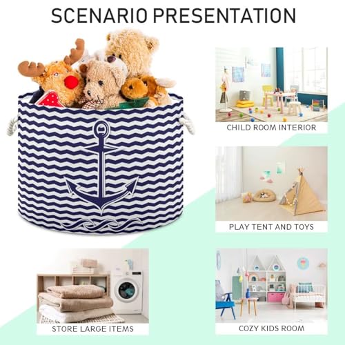 Blue Nautical Anchors Print Round Storage Basket Marine Anchor Waves Stripes 20" x 20" x 14" Laundry Hamper Large Organizer Bin with Handles Clothes Storage Bag for Nursery Bedroom Living Room Decor - color: Blue
