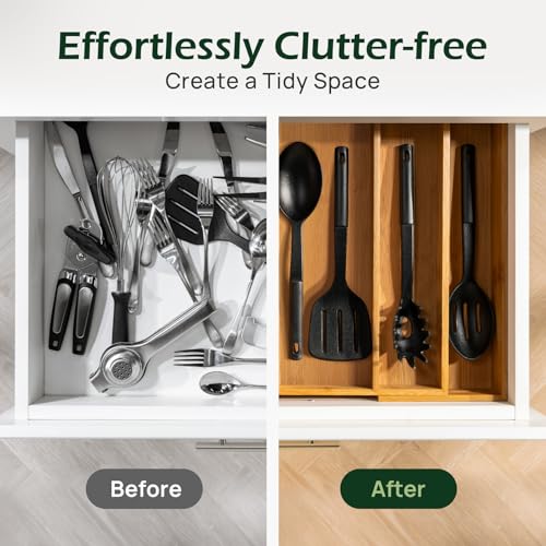 Carbonized Bamboo Kitchen Drawer Organizer, 5 Slots Expandable Silverware Organizer, Utensil Holder & Cutlery Tray, 2.2" Deep for Extra Capacity, Non-Slip Feet Included. - size: 5 Slots（Expandable）
