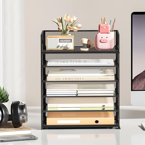 Subekyu 6 Tier Paper File Tray Organizer for Desk, Black Mesh Desk Letter Paper File Folder Accessories Sorter Organizer with Handle, Stackable Slide Tray for Office, Home or School Supplies Storage - color: Black