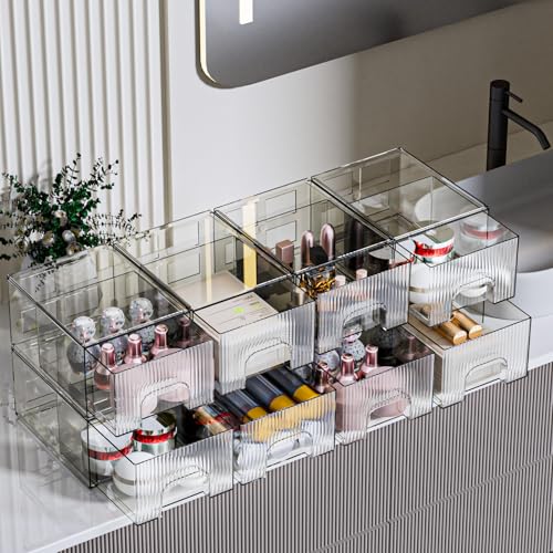 ZHIAI 8 Pack Clear Stackable Storage Drawer, Acrylic Drawer, Cosmetic Organizer, Plastic Organizer for Dresser, Under, Kitchen Cabinet, Pantry, Home Organization and Storage - color: 8 Short