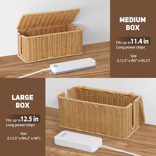 2Pack Large Cable Management Box Black, Handwoven Imitation Rattan Cord Organizer Cord Hider, Desk Cord Management Box to Hide Cords and Power Strips on Desk or Floor - color: Black, size: 2 Pack (M+L)