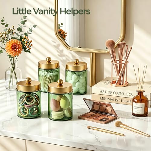 Amolliar 4 Pack Apothecary Jars Bathroom Vanity Storage Organizer Set -Countertop Canister with Stainless Steel Lids &Stickers Qtip Dispenser Holder for Cotton Swab (Green-golden Lid) - color: Green-Gold Lid P1