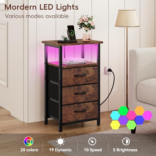 Vagusicc Night stand Set 2 with Charging Station, LED Nightstand for Bedroom, Bedside Table with 3 Fabric Drawer, End Table Side Table with USB Port & Outlets, Bed Side Table for Bedroom, Rustic Brown - color: Rustic Brown, size: 2 Pieces, style: With LED