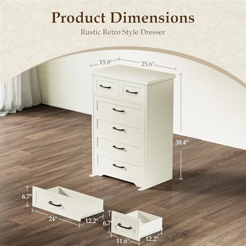 AODK Farmhouse Tall 6 Drawer Dresser for Bedroom, 5-Tier Vertical Storage Chest with Mixed Drawers, Engineered Wood Frame with Anti-Tip Safety, American Country Furniture, Vintage White - color: Vintage White, size: 15.7"D x 26"W x 38.2"H (6 Drawers)