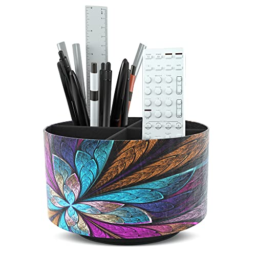 Hennaja Round Leather Art Supply Organizer,Remote Control Holder,360 Degree Rotating,Multi-Functional Pencil Holder,4 Compartments Desktop Stationary Organizer(1-Fractal Flower) | Round, 360 Degree Rotating, Multi-Functional, Desktop - color: 1-Fractal Fl