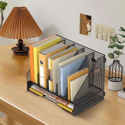DALTACK Magazine File Holder, 5 Vertical Compartments Rack Binder Holder with Paper Tray, Metal Magazine Organizer for Office, Home, School (Black) - size: 5Rack