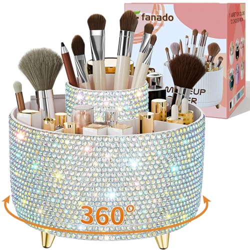 fanado Bling 360° Rotate Makeup Brush Holder Organizer, Makeup Organizers Countertop, Makeup organization and Skincare Storage for Vanity, Gift for Women Girls (Bling dz-White AB) - color: Bling dz-White AB