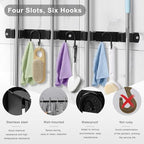 Broom Holder Wall Mount, Stainless Steel Mop Hanger with 4 Slots 6 Hooks, Tool Storage Wall Organizer for Kitchen Garden Garage Laundry Room Bathroom and RV, Black 1-Pack - color: Black-1 Pack