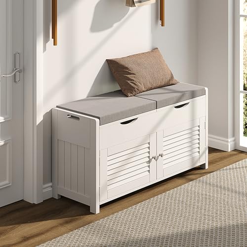 ChooChoo Shoe Storage Bench with Lift Top Storage, Entryway Bench with 2 Cushioned Seats, 3 Compartments, Adjustable Shelf, Shoe Cabinet for Entryway, Bedroom, Living Room, White - color: White, size: 13.78"D x 29.53"W x 19.69"H
