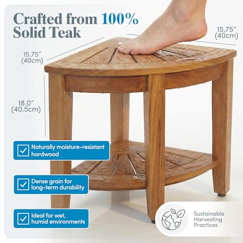 AquaTeak The Original 15.5" Kai Corner Teak Shower Bench - Shower Stool with Storage Shelf & Premium Teak Oil - Durable Water Resistant Shower Chair - Shaving Foot Rest - Indoor & Outdoor Use - size: Original - Teak Oil, style: Corner Stool With Shelf