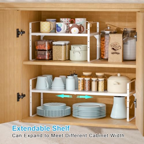 15.5 to 25.5 Inch Kitchen Cabinet Shelf Organizers, Adjustable Kitchen Counter Shelf Organizer, Set of 4 Expandable Countertop Storage Shelves, Stackable Design, 30LBS Heavy Duty, Space Saver - color: White