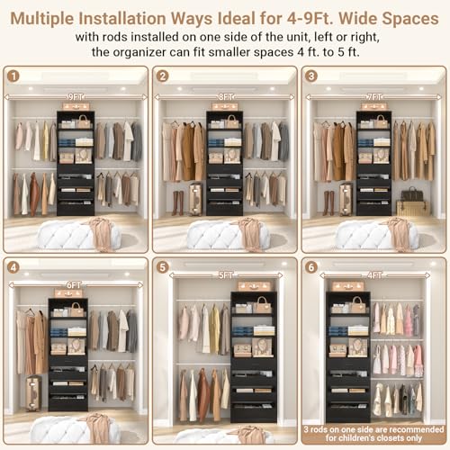 Aheaplus Closet System, 4-9Ft Closet Organizer with 4 Wooden Drawers, Wood Closet Organizer System with Tower, Walk-in Closet Organizer Wardrobe Clothes Rack with 4 Hanging Rods, Garment Rack, Black - color: Black