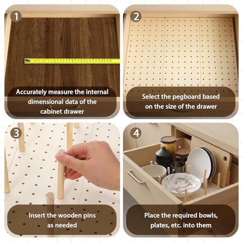 6 Pcs Wood Pegboard Drawer Organizer with 48 Pegs, Wooden Peg Board Drawer Shelf Organizer Adjustable Peg Drawers Organizers for Kitchen Dishes Plate Pegboard Food Containers(17x5.91, Wood)