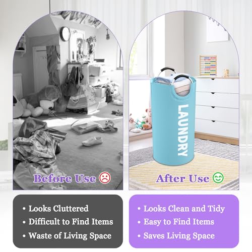 95L Foldable Blue Laundry Basket with Handles, Big Clothes Hamper for Bedroom, Dirty Clothes Basket Stand Upright, Portable Laundry Bag for Dorm, Nursery, Family, Blue - color: Blue, size: L-95L