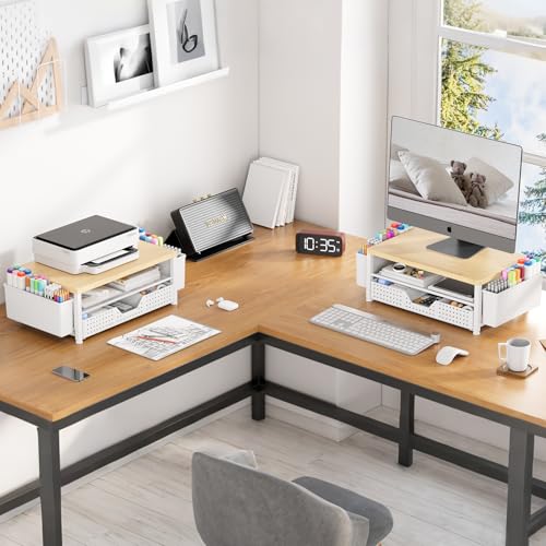 Wood Metal Monitor Stand Riser, Laptop Stand for Desk, Office Desk Organizer and Accessories, Computer Desktop Shelf with Drawer and Pen Holder, Printer Stand for Home, Office, Dorm (Natural Wood) - color: Natural Wood