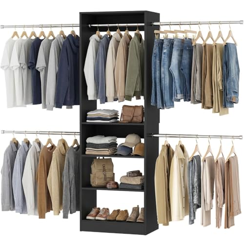 Homieasy Closet System, 4.5-11.5 Ft Expandable Closet Organizer with 5 Hanging Rods, Walk-in Wood Closet Organizer System with Storage Tower, Heavy Duty Garment Rack Wardrobe for Bedroom, Black - color: Black