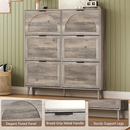 BORNOON Shoe Cabinet for Entryway with 6 Flip Drawers, Slim Wooden Shoe Storage Organizer with Modern Fluted Pannel，Freestanding Narrow Hidden Shoe Rack for Hallway, Foyer, Living Room - color: Grey, size: 6 Flip Drawers