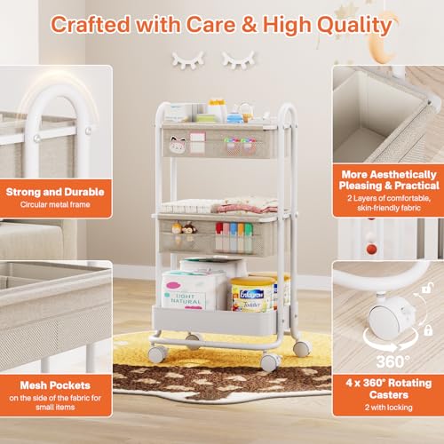 Modanais Baby Diaper Caddy Organizer Cart - 3 Tier Rolling Storage Cart with Wheels, Baby Essentials Nursery Storage, Detachable Dividers - for Crib, Bedroom, Art & Craft Organizer (Off White) - color: Off White