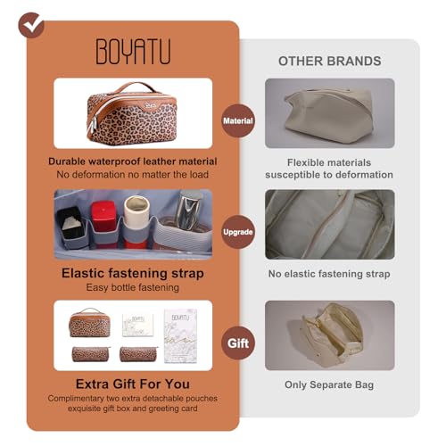 BOYATU Travel Makeup Bag for Women: 3-in-1 Modular Leopard Print Cosmetic Bag Set for 3-15 Day Trips - Waterproof Vegan Leather Toiletry Bag - Perfect for Party/Festival/Night Out - Gift Box - Brown - color: 01-Brown