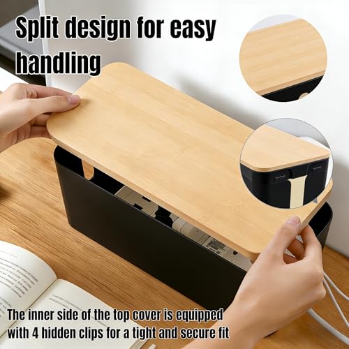 1 Large + 1 Small Cable Management Box Set – 2-Piece Cord Organizer Box, Home Office Desk Wire Storage & Cable Management Solution (Bamboo Lid/Black) - color: Bamboo Lid/Black