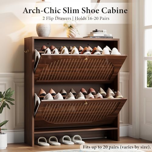 Nicetree Arch-Chic Shoe Cabinet for Entryway, Modern Mid-Century Shoe Storage Cabinet with Fluted, Narrow Shoe Rack with Adjustable Shelves & Tipping Protection, Fits Size 12 Shoes,Luminous Walnut - color: Luminous Walnut, style: 2 Flip Drawer - Fluted Ar