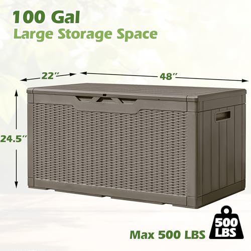 Greesum 100 Gallon Resin Deck Box Large Outdoor Storage, Imitation Rattan Weave Texture for Patio Furniture, Garden Tools, Pool Supplies, Weatherproof and UV Resistant, Lockable, Light Coffee - color: Light Coffee, size: 100 Gallon