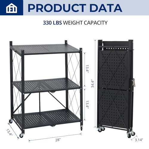 3 Tier Foldable Storage Shelves with Wheels, Metal Collapsible Organization Storage Rack, No Assembly Folding Bookshelf, Rolling Storage Rack for Kitchen, Bedroom, Pantry, Garage, Display, Black - size: 3-Tier