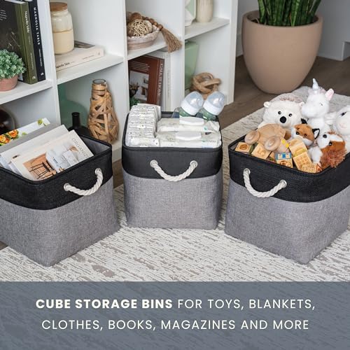 OrganiHaus 11x11 Cube Storage Bins 4 Pack, Foldable Cube Storage Organizer w/ Rope Handles, Collapsible Fabric Bins for Toys, Clothes & Closet Organization, Fabric Square Baskets - Gray/Black - color: Gray Base / Black, size: 4 pcs (11x11)